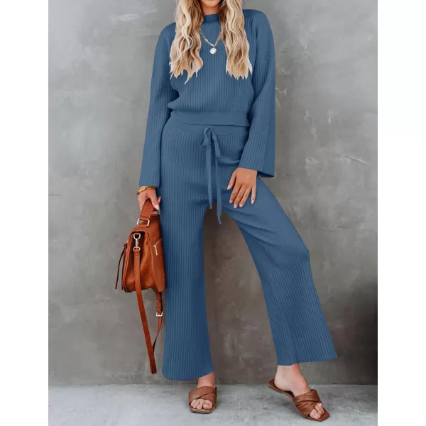 imageZESICA Womens 2 Piece Outfits Set 2023 Casual Long Sleeve Knit Pullover Top and Wide Leg Pants Sweatsuit Lounge SetsNavy