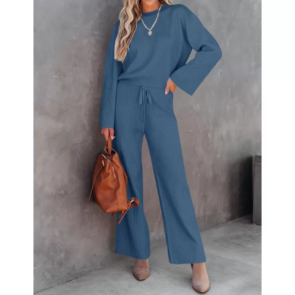 imageZESICA Womens 2 Piece Outfits Set 2023 Casual Long Sleeve Knit Pullover Top and Wide Leg Pants Sweatsuit Lounge SetsNavy