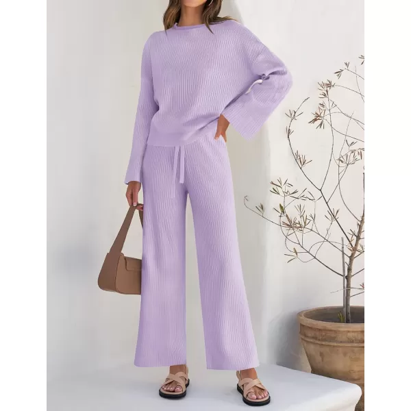 imageZESICA Womens 2 Piece Outfits Set 2023 Casual Long Sleeve Knit Pullover Top and Wide Leg Pants Sweatsuit Lounge SetsPurple