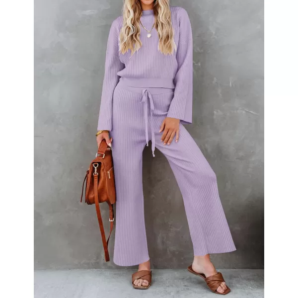 imageZESICA Womens 2 Piece Outfits Set 2023 Casual Long Sleeve Knit Pullover Top and Wide Leg Pants Sweatsuit Lounge SetsPurple