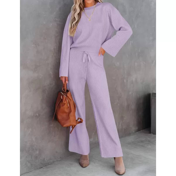 imageZESICA Womens 2 Piece Outfits Set 2023 Casual Long Sleeve Knit Pullover Top and Wide Leg Pants Sweatsuit Lounge SetsPurple