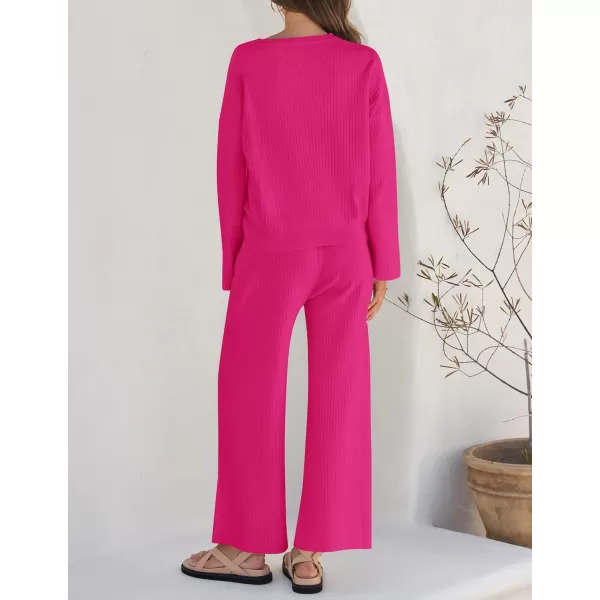 imageZESICA Womens 2 Piece Outfits Set 2023 Casual Long Sleeve Knit Pullover Top and Wide Leg Pants Sweatsuit Lounge SetsRose