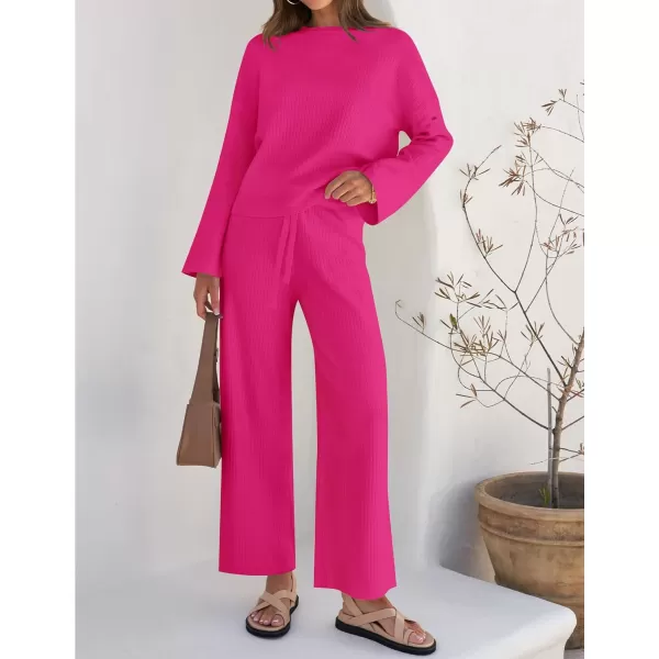imageZESICA Womens 2 Piece Outfits Set 2023 Casual Long Sleeve Knit Pullover Top and Wide Leg Pants Sweatsuit Lounge SetsRose