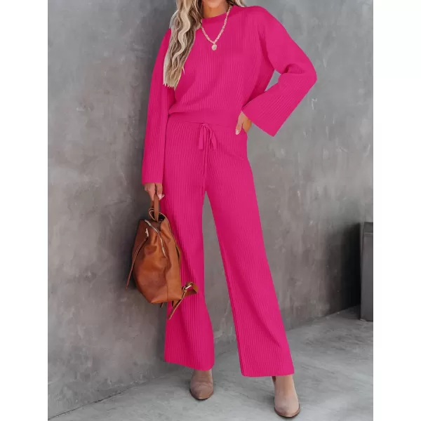 imageZESICA Womens 2 Piece Outfits Set 2023 Casual Long Sleeve Knit Pullover Top and Wide Leg Pants Sweatsuit Lounge SetsRose