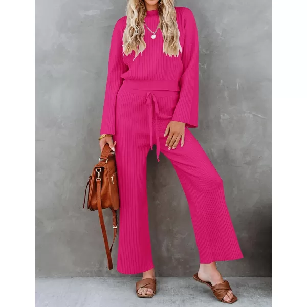 imageZESICA Womens 2 Piece Outfits Set 2023 Casual Long Sleeve Knit Pullover Top and Wide Leg Pants Sweatsuit Lounge SetsRose