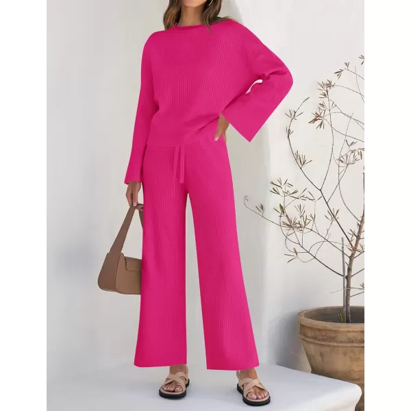 imageZESICA Womens 2 Piece Outfits Set 2023 Casual Long Sleeve Knit Pullover Top and Wide Leg Pants Sweatsuit Lounge SetsRose