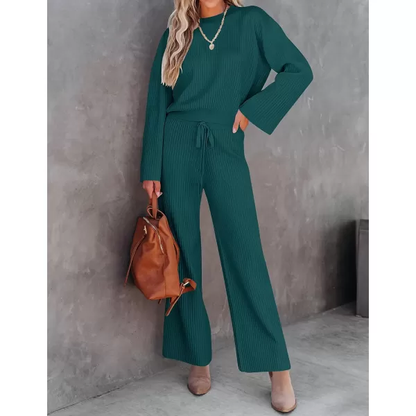 imageZESICA Womens 2 Piece Outfits Set 2023 Casual Long Sleeve Knit Pullover Top and Wide Leg Pants Sweatsuit Lounge SetsTeal