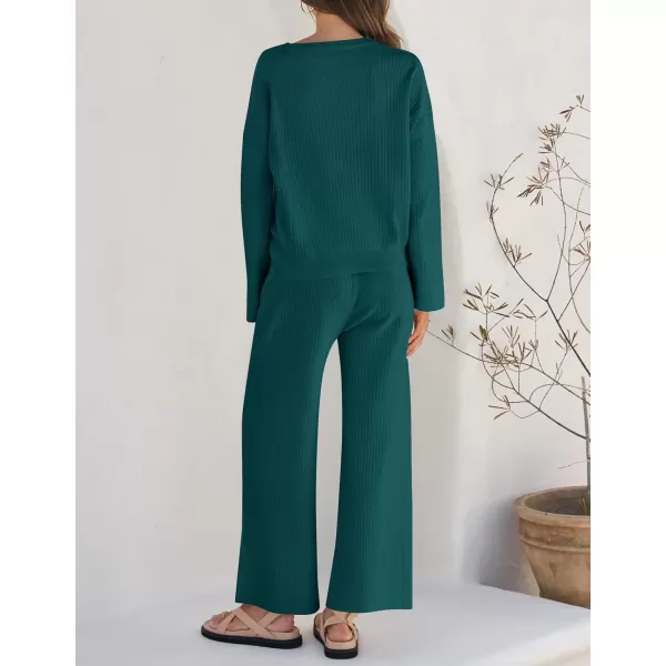 imageZESICA Womens 2 Piece Outfits Set 2023 Casual Long Sleeve Knit Pullover Top and Wide Leg Pants Sweatsuit Lounge SetsTeal