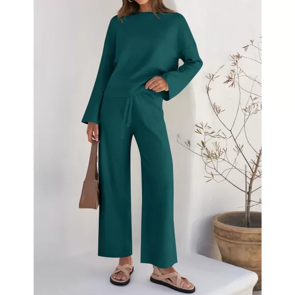 imageZESICA Womens 2 Piece Outfits Set 2023 Casual Long Sleeve Knit Pullover Top and Wide Leg Pants Sweatsuit Lounge SetsTeal