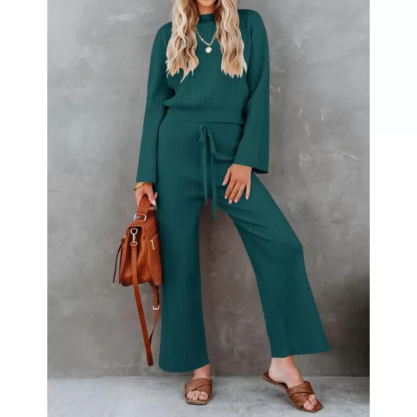 imageZESICA Womens 2 Piece Outfits Set 2023 Casual Long Sleeve Knit Pullover Top and Wide Leg Pants Sweatsuit Lounge SetsTeal