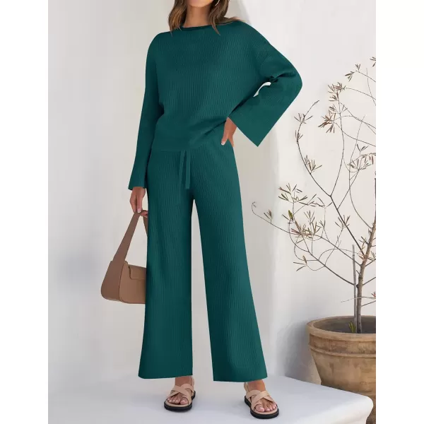 imageZESICA Womens 2 Piece Outfits Set 2023 Casual Long Sleeve Knit Pullover Top and Wide Leg Pants Sweatsuit Lounge SetsTeal