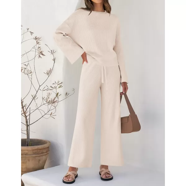 imageZESICA Womens 2 Piece Outfits Set 2024 Casual Long Sleeve Knit Pullover Top and Wide Leg Pants Sweatsuit Lounge SetsApricot