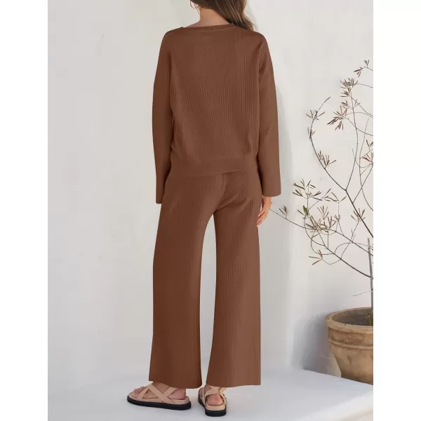 imageZESICA Womens 2 Piece Outfits Set 2024 Casual Long Sleeve Knit Pullover Top and Wide Leg Pants Sweatsuit Lounge SetsCaramel