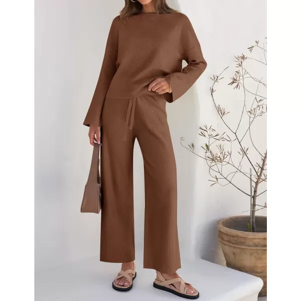 imageZESICA Womens 2 Piece Outfits Set 2024 Casual Long Sleeve Knit Pullover Top and Wide Leg Pants Sweatsuit Lounge SetsCaramel