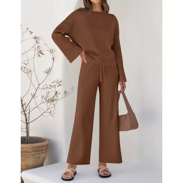 imageZESICA Womens 2 Piece Outfits Set 2024 Casual Long Sleeve Knit Pullover Top and Wide Leg Pants Sweatsuit Lounge SetsCaramel