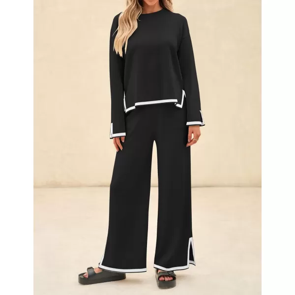 imageZESICA Womens 2 Piece Outfits Set 2024 Casual Long Sleeve Knit Pullover Top and Wide Leg Pants Sweatsuit Lounge SetsCarbon