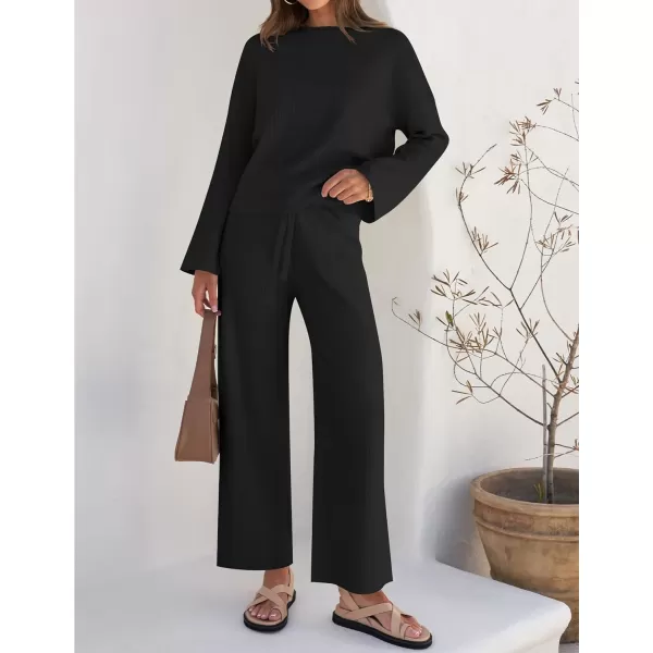 imageZESICA Womens 2 Piece Outfits Set 2024 Casual Long Sleeve Knit Pullover Top and Wide Leg Pants Sweatsuit Lounge SetsDarkblack