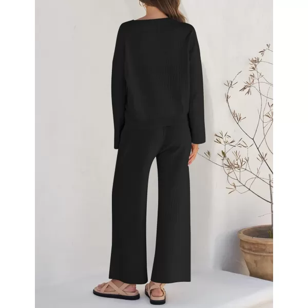 imageZESICA Womens 2 Piece Outfits Set 2024 Casual Long Sleeve Knit Pullover Top and Wide Leg Pants Sweatsuit Lounge SetsDarkblack