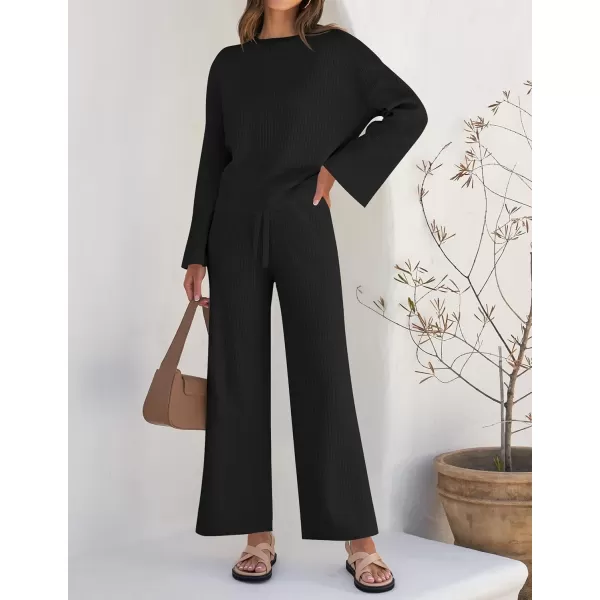 imageZESICA Womens 2 Piece Outfits Set 2024 Casual Long Sleeve Knit Pullover Top and Wide Leg Pants Sweatsuit Lounge SetsDarkblack