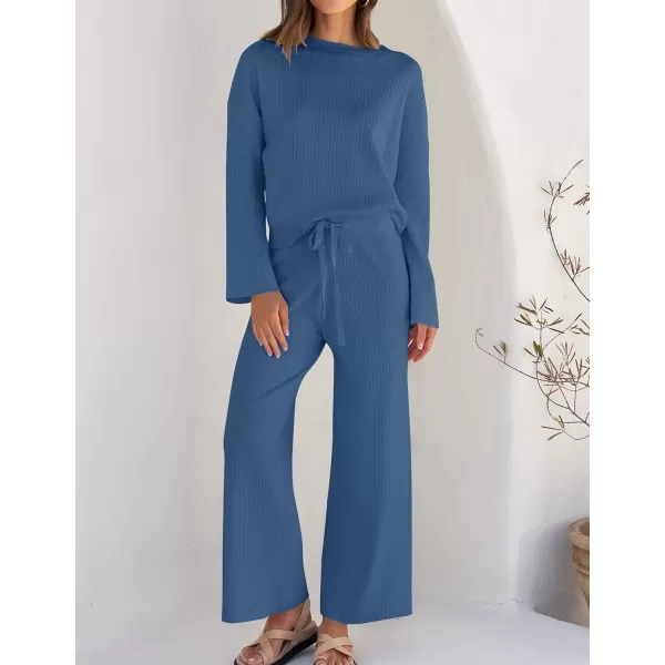 imageZESICA Womens 2 Piece Outfits Set 2024 Casual Long Sleeve Knit Pullover Top and Wide Leg Pants Sweatsuit Lounge SetsDarkblue