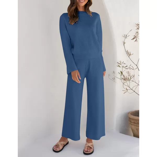 imageZESICA Womens 2 Piece Outfits Set 2024 Casual Long Sleeve Knit Pullover Top and Wide Leg Pants Sweatsuit Lounge SetsDarkblue