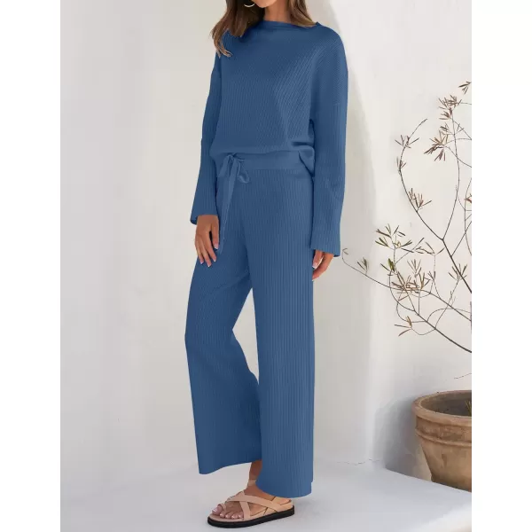 imageZESICA Womens 2 Piece Outfits Set 2024 Casual Long Sleeve Knit Pullover Top and Wide Leg Pants Sweatsuit Lounge SetsDarkblue