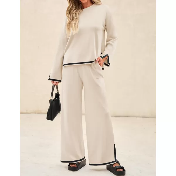 imageZESICA Womens 2 Piece Outfits Set 2024 Casual Long Sleeve Knit Pullover Top and Wide Leg Pants Sweatsuit Lounge SetsNatural