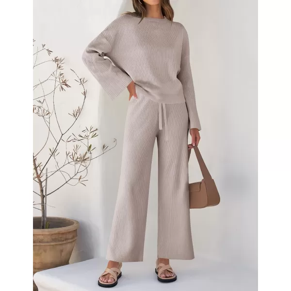 imageZESICA Womens 2 Piece Outfits Set 2024 Casual Long Sleeve Knit Pullover Top and Wide Leg Pants Sweatsuit Lounge SetsOatmeal