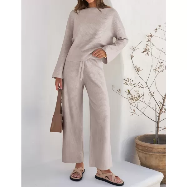 imageZESICA Womens 2 Piece Outfits Set 2024 Casual Long Sleeve Knit Pullover Top and Wide Leg Pants Sweatsuit Lounge SetsOatmeal
