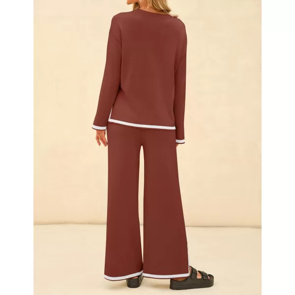 imageZESICA Womens 2 Piece Outfits Set 2024 Casual Long Sleeve Knit Pullover Top and Wide Leg Pants Sweatsuit Lounge SetsRust