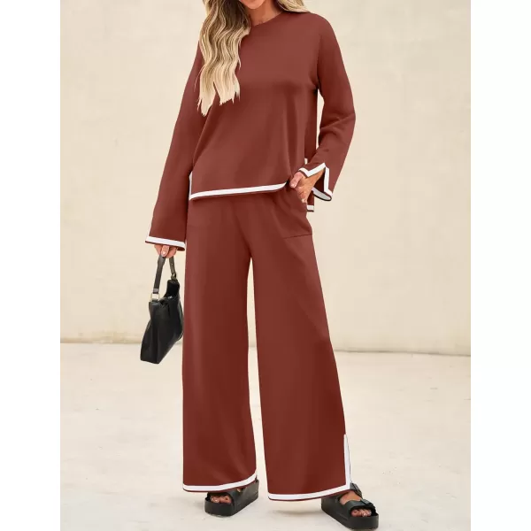 imageZESICA Womens 2 Piece Outfits Set 2024 Casual Long Sleeve Knit Pullover Top and Wide Leg Pants Sweatsuit Lounge SetsRust