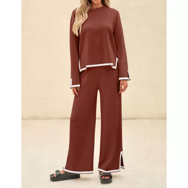 imageZESICA Womens 2 Piece Outfits Set 2024 Casual Long Sleeve Knit Pullover Top and Wide Leg Pants Sweatsuit Lounge SetsRust