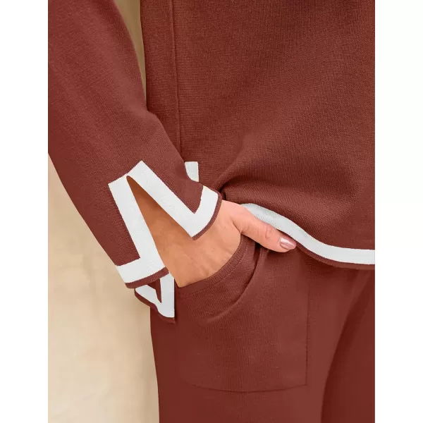 imageZESICA Womens 2 Piece Outfits Set 2024 Casual Long Sleeve Knit Pullover Top and Wide Leg Pants Sweatsuit Lounge SetsRust