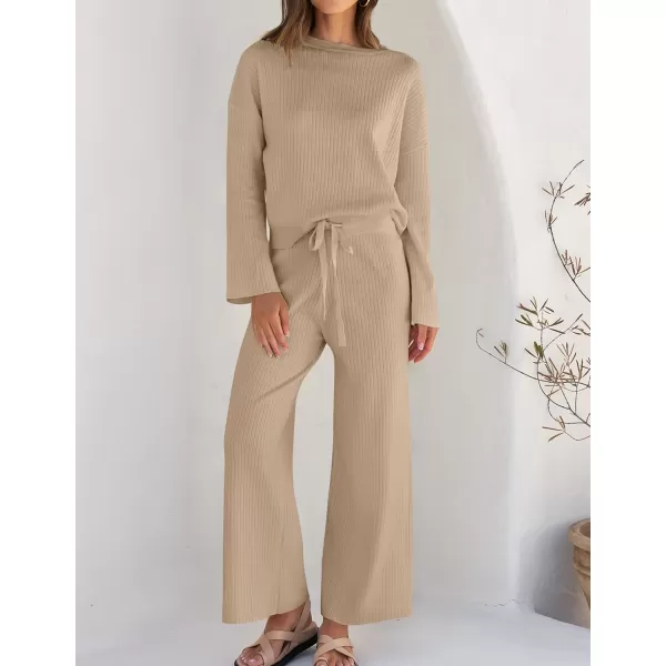 imageZESICA Womens 2 Piece Outfits Set 2024 Casual Long Sleeve Knit Pullover Top and Wide Leg Pants Sweatsuit Lounge SetsSand