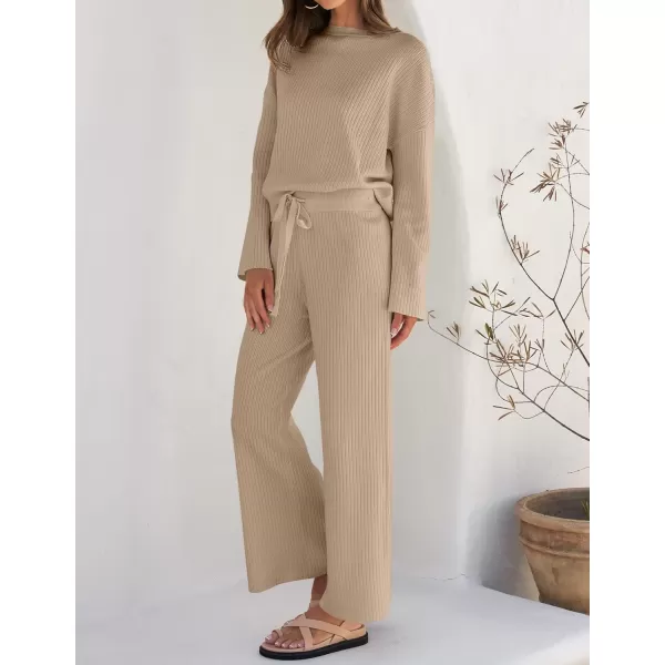 imageZESICA Womens 2 Piece Outfits Set 2024 Casual Long Sleeve Knit Pullover Top and Wide Leg Pants Sweatsuit Lounge SetsSand