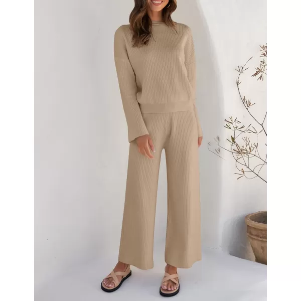 imageZESICA Womens 2 Piece Outfits Set 2024 Casual Long Sleeve Knit Pullover Top and Wide Leg Pants Sweatsuit Lounge SetsSand