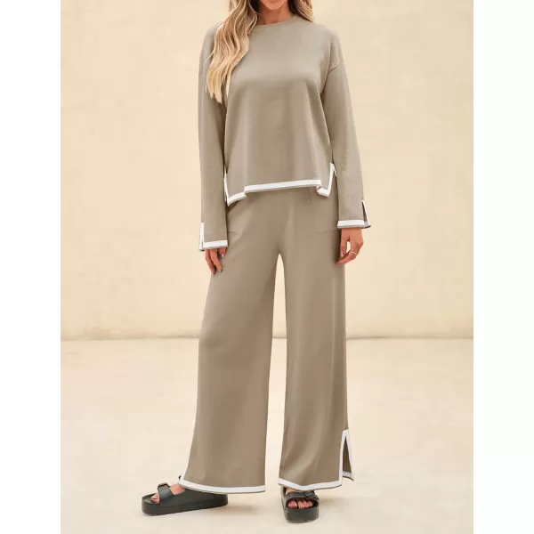 imageZESICA Womens 2 Piece Outfits Set 2024 Casual Long Sleeve Knit Pullover Top and Wide Leg Pants Sweatsuit Lounge SetsTan