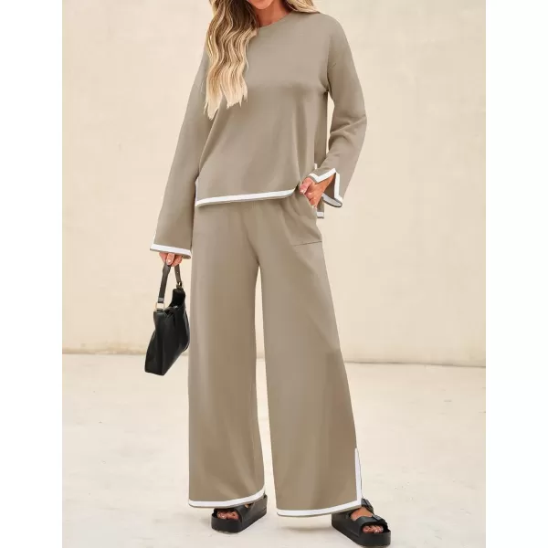 imageZESICA Womens 2 Piece Outfits Set 2024 Casual Long Sleeve Knit Pullover Top and Wide Leg Pants Sweatsuit Lounge SetsTan