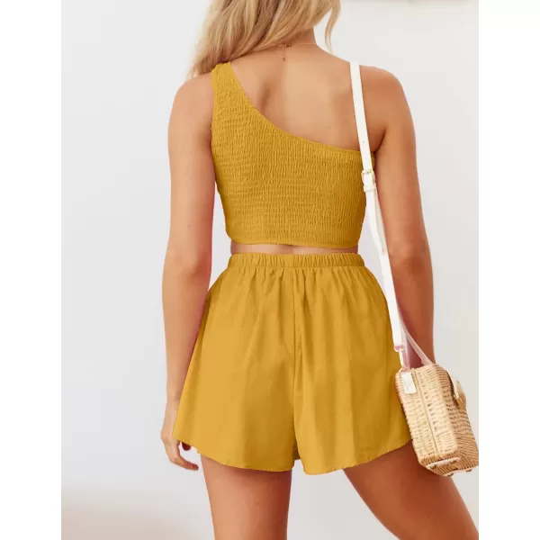 imageZESICA Womens 2 Piece Outfits Sleeveless One Shoulder Smocked Crop Top and Drawstring Shorts Lounge Pajama SetZESICA Womens 2 Piece Outfits Sleeveless One Shoulder Smocked Crop Top and Drawstring Shorts Lounge Pajama Set