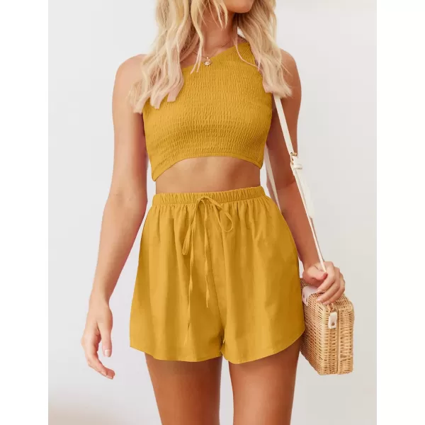 imageZESICA Womens 2 Piece Outfits Sleeveless One Shoulder Smocked Crop Top and Drawstring Shorts Lounge Pajama SetZESICA Womens 2 Piece Outfits Sleeveless One Shoulder Smocked Crop Top and Drawstring Shorts Lounge Pajama Set