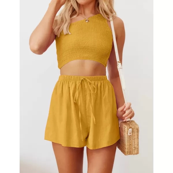 imageZESICA Womens 2 Piece Outfits Sleeveless One Shoulder Smocked Crop Top and Drawstring Shorts Lounge Pajama SetZESICA Womens 2 Piece Outfits Sleeveless One Shoulder Smocked Crop Top and Drawstring Shorts Lounge Pajama Set