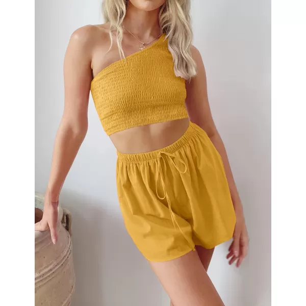 imageZESICA Womens 2 Piece Outfits Sleeveless One Shoulder Smocked Crop Top and Drawstring Shorts Lounge Pajama SetZESICA Womens 2 Piece Outfits Sleeveless One Shoulder Smocked Crop Top and Drawstring Shorts Lounge Pajama Set