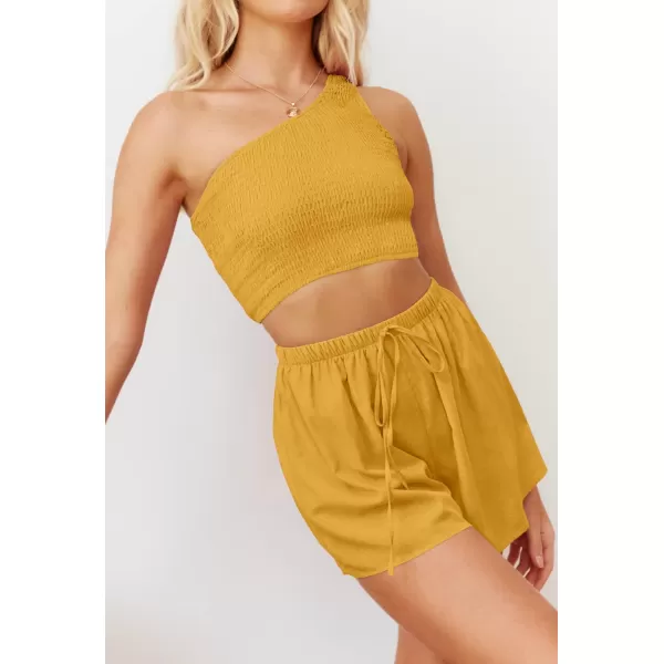 imageZESICA Womens 2 Piece Outfits Sleeveless One Shoulder Smocked Crop Top and Drawstring Shorts Lounge Pajama SetZESICA Womens 2 Piece Outfits Sleeveless One Shoulder Smocked Crop Top and Drawstring Shorts Lounge Pajama Set