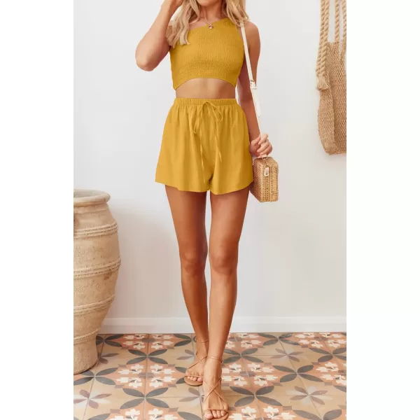 imageZESICA Womens 2 Piece Outfits Sleeveless One Shoulder Smocked Crop Top and Drawstring Shorts Lounge Pajama SetZESICA Womens 2 Piece Outfits Sleeveless One Shoulder Smocked Crop Top and Drawstring Shorts Lounge Pajama Set