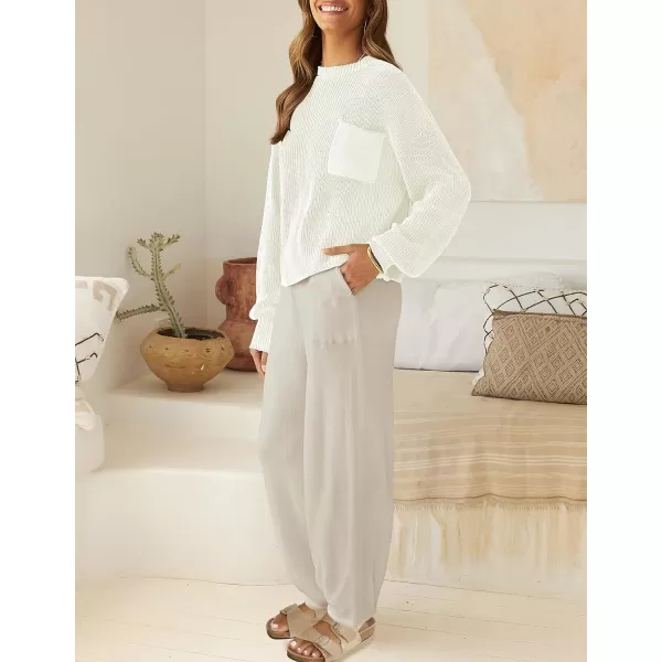 imageZESICA Womens 2 Piece Outfits Sweater Set Long Sleeve Mock Neck Knit Pullover Top High Waist Pant Tracksuit Lounge SetsAlmond