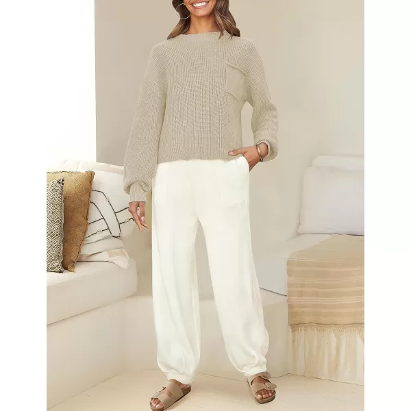 imageZESICA Womens 2 Piece Outfits Sweater Set Long Sleeve Mock Neck Knit Pullover Top High Waist Pant Tracksuit Lounge SetsBeige