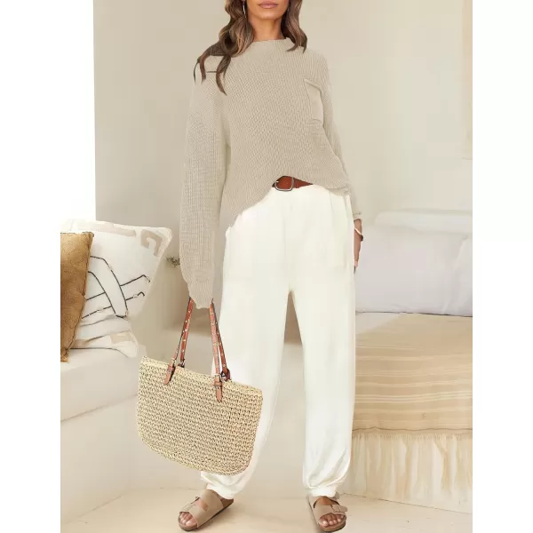 imageZESICA Womens 2 Piece Outfits Sweater Set Long Sleeve Mock Neck Knit Pullover Top High Waist Pant Tracksuit Lounge SetsBeige
