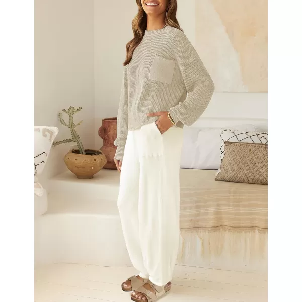 imageZESICA Womens 2 Piece Outfits Sweater Set Long Sleeve Mock Neck Knit Pullover Top High Waist Pant Tracksuit Lounge SetsBeige