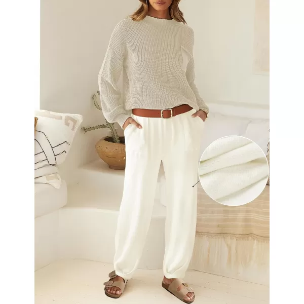 imageZESICA Womens 2 Piece Outfits Sweater Set Long Sleeve Mock Neck Knit Pullover Top High Waist Pant Tracksuit Lounge SetsBeige