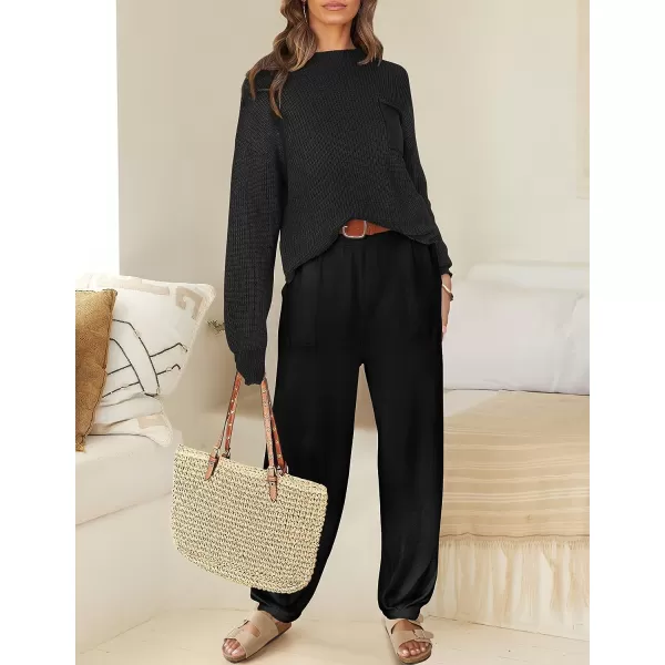 imageZESICA Womens 2 Piece Outfits Sweater Set Long Sleeve Mock Neck Knit Pullover Top High Waist Pant Tracksuit Lounge SetsBlack